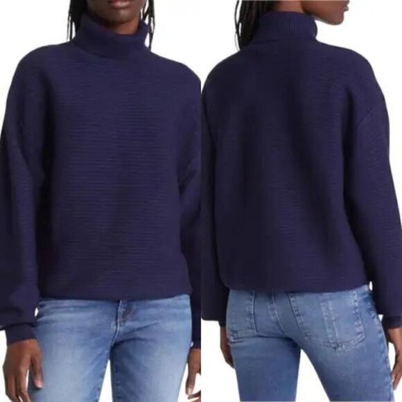 Good American Wide Rib Turtleneck Pullover Sweater In Navy Blue - Picture 1 of 7